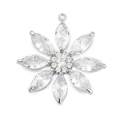 Brass Micro Pave Cubic Zirconia Pendants, Flower Charms, with Glass, Platinum, 26x24x4.5mm, Hole: 1mm(KK-Q026-12P)