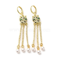 Leopard Head Real 18K Gold Plated Brass Micro Pave Cubic Zirconia Dangle Leverback Earrings, ABS Imitation Pearl Tassel Earrings, Green, 71x10.5mm(EJEW-Q797-12G)