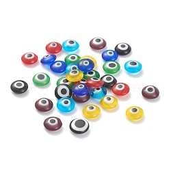 Handmade Evil Eye Lampwork Beads, No Hole, Flat Round, Mixed Color, 8x4mm(LAMP-F019-01)