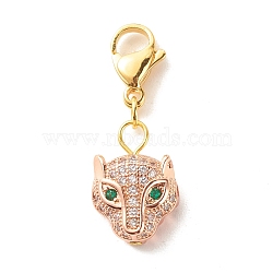 Brass Micro Pave Cubic Zirconia Pendants, with Lobster Claw Clasps, Leopard Head, Rose Gold, 26mm(HJEW-JM00577-04)