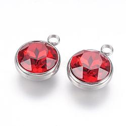 K9 Glass Rhinestone Pendants, July Birthstone Charms, with 304 Stainless Steel Findings, Flat Round, Red, 18x14x9mm, Hole: 2.5mm(STAS-F123-26K)