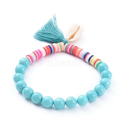 Tassels Charm Stretch Bracelets, with Handmade Polymer Clay Heishi Beads, Shell Pearl Beads and Natural Cowrie Shell Beads, Turquoise, 2-1/4 inch(5.7cm)(BJEW-JB05080-03)