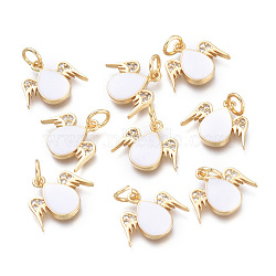 Brass Charms, with Jump Rings and Enamel, Long-Lasting Plated, Cadmium Free & Lead Free & Nickel Free, teardrop, with Wing, Real 18K Gold Plated, White, 12x14x2.5mm, Hole: 3.4mm(KK-I673-37G-01)