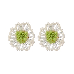 Seed Beads Flower Stud Earrings, Brass Jewelry for Women, Golden, Green, 27mm, Pin: 0.8mm(EJEW-TA00198)