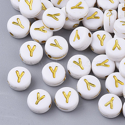 Plating Acrylic Beads, Golden Metal Enlaced, Horizontal Hole, Flat Round with Alphabet, White, Letter.Y, 7x3.5mm, Hole: 1.2mm, about 3600pcs/500g(PACR-R242-01Y)