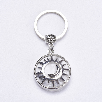 Natural Howlite Keychain, with Brass Finding, Flat Round with Sun & Moon, 64mm