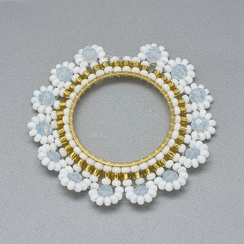 Handmade Woven Pendants, with Glass Beads and Golden Tone 304 Stainless Steel Findings, Flower, White, 44~46x4mm, Inner Diameter: 23mm