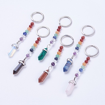 Natural/Synthetic Gemstone Chakra Pointed Keychain, with Mixed Stone and Platinum Plated Brass Key Findings, Bullet, 108~112mm, Ring: 24x2mm, Bead: 6~7mm, Pendant: 35~39x13x9mm