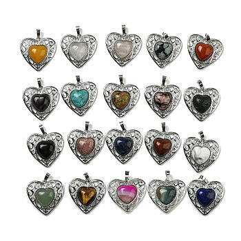 Natural & Synthetic  Mixed Gemstone Peach Love Heart Pendants, Rack Plating Brass Hollow Heart Charms, Cadmium Free & Lead Free, Mixed Dyed and Undyed, 29.5x30.5x7.5mm, Hole: 7.5x5mm