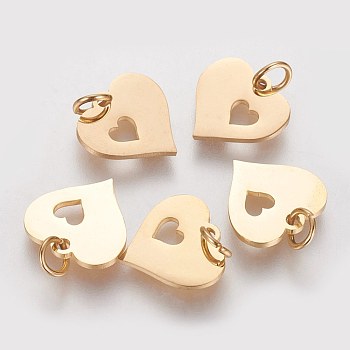 304 Stainless Steel Pendants, Heart with Heart, Golden, 12x12.5x1mm, Hole: 3mm