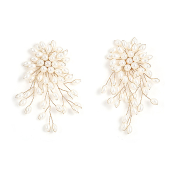 Flower Brass Plastic Pearl Tassel Clip-on Earrings, Golden, 80x45mm