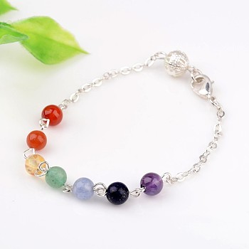 Chakra Jewelry Natural Gemstone Round Bead Link Bracelets, with Brass Cable Chains and Lobster Claw Clasps, Silver Color Plated, 190x2mm