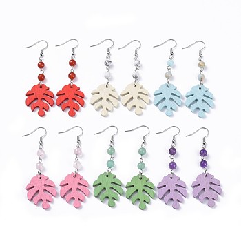 Tropical Theme Monstera Leaf Poplar Wood Dangle Earrings, with Natural & Synthetic Gemstone Round Beads and 316 Surgical Stainless Steel Earring Hooks, 74mm, Pin: 0.7mm