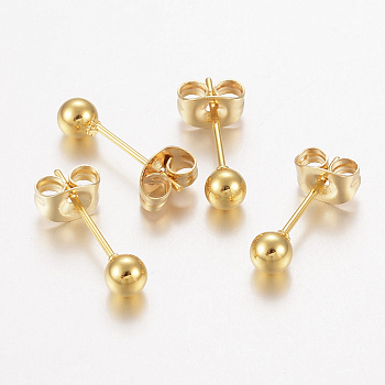 304 Stainless Steel Stud Earrings, Hypoallergenic Earrings, with Ear Nuts, Round, Golden, 16x4mm, Pin: 0.8mm