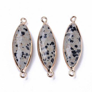 Natural Dalmatian Jasper Links Connectors, with Light Gold Plated Edge Iron Loops, Rice, Faceted, 34~35x10x5.5mm, Hole: 2mm