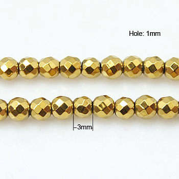 Non-Magnetic Synthetic Hematite Beads Strands, Round, Golden Plated, 3mm, Hole: 1mm, about 130pcs/stand, 16 inch