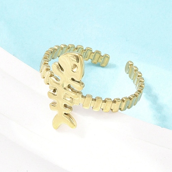 304 Stainless Steel Cuff Open Rings for Women, Fishbone, Golden, 18.5mm, US Size 9 3/4(19.5mm)