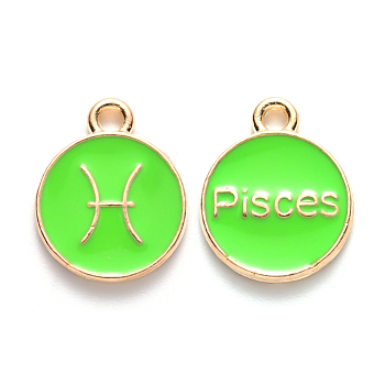 Alloy Enamel Pendants, Cadmium Free & Lead Free, Flat Round with Constellation, Light Gold, Pale Green, Pisces, 15x12x2mm, Hole: 1.5mm