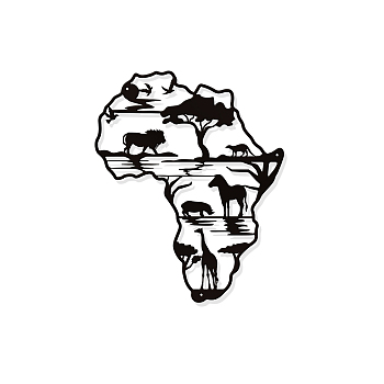 Iron Wall Art Decorations, for Front Porch, Living Room, Kitchen, Africa Map with Animals, Electrophoresis Black, 300x248x1mm