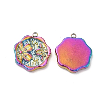 304 Stainless Steel Pendants, Hexagon with Flower Charm, Rainbow Color, 18x16x2.5mm, Hole: 1.6mm