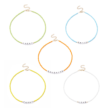 5Pcs 5 Style Glass & Plastic Word Beaded Necklaces Set, Mixed Color, 14.37~14.57 inch(36.5~37cm), 1Pc/style