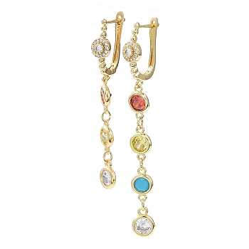 Colorful Cubic Zirconia Tassel Asymmetrical Earrings, Rack Plating Brass Flat Round Dangle Stud Earrings, Cadmium Free & Lead Free, Real 18K Gold Plated, 52x7mm, 63x7mm