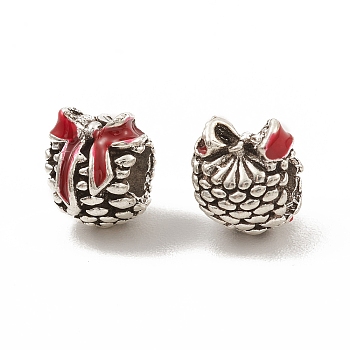 Alloy Enamel European Beads, Large Hole Beads, Pine Cone with Bowknot, Antique Silver, 11x9.5x9.5mm, Hole: 4.5mm