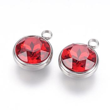 K9 Glass Rhinestone Pendants, July Birthstone Charms, with 304 Stainless Steel Findings, Flat Round, Red, 18x14x9mm, Hole: 2.5mm