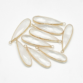 Natural Quartz Crystal Pendants, Rock Crystal, with Golden Tone Brass Findings, Faceted, teardrop, 40~42x11~12x6~7mm, Hole: 2mm