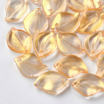 Transparent Spray Painted Glass Pendants, with Glitter Powder, Leaf, Gold, 16x11.5x3.5mm, Hole: 1.5mm