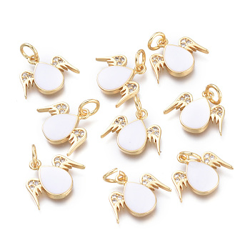 Brass Charms, with Jump Rings and Enamel, Long-Lasting Plated, Cadmium Free & Lead Free & Nickel Free, teardrop, with Wing, Real 18K Gold Plated, White, 12x14x2.5mm, Hole: 3.4mm