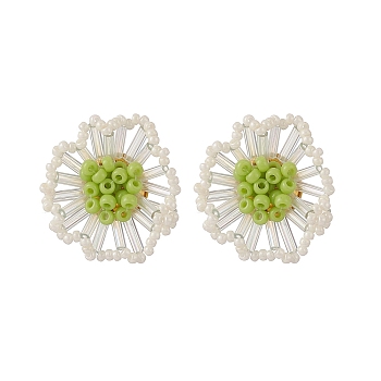 Seed Beads Flower Stud Earrings, Brass Jewelry for Women, Golden, Green, 27mm, Pin: 0.8mm