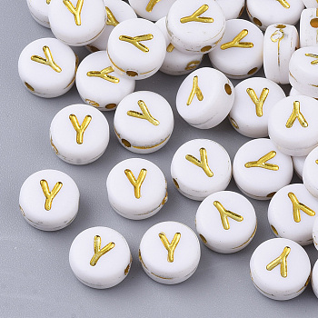 Plating Acrylic Beads, Golden Metal Enlaced, Horizontal Hole, Flat Round with Alphabet, White, Letter.Y, 7x3.5mm, Hole: 1.2mm, about 3600pcs/500g