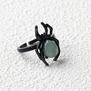 Natural Green Aventurine Spider Open Cuff Rings, Gunmetal Tone Metal Finger Rings for Unisex, Inner Diameter: Adjustable(PW-WGC70E9-02)