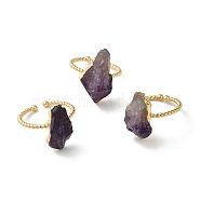 Natural Amethyst Nuggets Open Cuff Rings, Brass Finger Ring, Cadmium Free & Lead Free, US Size 7 1/2(17.7mm)(RJEW-M155-01G)