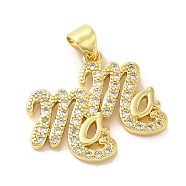 Brass Micro Pave Clear Cubic Zirconia Pendants, Words, Real 16K Gold Plated, 19x22x2mm, Hole: 5x4mm(FIND-Z041-11A)