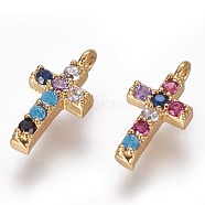 Brass Micro Pave Cubic Zirconia Tiny Cross Charms, Golden, Colorful, 10x4.5x2mm, Hole: 1mm(ZIRC-L075-48G)