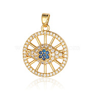 Brass Micro Pave Cubic Zirconia Pendants, Flat Round with Horse Eye Charms, Real 18K Gold Plated, 23x20x4.2mm(ZIRC-OY001-41G)