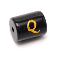 Painted Glass Beads, Black Column with Gold Letter, Letter.Q, 13.7x10mm, Hole: 1.5mm(GLAA-TAC0009-01Q)