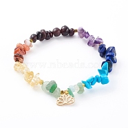 Chakra Jewelry, Chip Gemstone Stretch Charm Bracelets, with Brass Lotus Charms and Non-magnetic Synthetic Hematite Beads, Golden, Inner Diameter: 2-1/8 inch(5.5cm)(BJEW-JB06083)