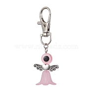 Acrylic & Resin Evil Eye Angel Pendant Decorations, with Zinc Alloy Swivel Lobster Claw Clasps, Pink, 70mm(HJEW-JM01520-03)