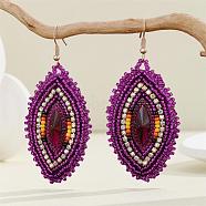 Bohemian Style Glass Bead Handmade Horse Eye Dangle Earrings for Women, Light Gold, Purple, 70x30mm(NQ6422-5)