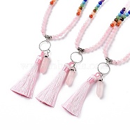 Natural Rose Quartz Bullet & Tassel Pendant Necklace with Mixed Gemstone Beaded Chains, Chakra Yoga Jewelry for Women, 25.98 inch(66cm)(NJEW-E585-02E)