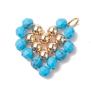 Synthetic Turquoise Copper Wire Wrapped Pendants, Heart Charms, with Golden Tone Brass Beads, 22.5x22x4.5mm, Hole: 3.6mm(PALLOY-JF02037-05)