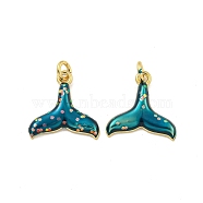 Rack Plated Brass Enamel Charms, with Jump Ring, Lead Free & Cadmium Free, Long-Lasting Plated, Fish Tail Charm, Real 18K Gold Plated, Teal, 13x13x2.5mm, Hole: 2mm(KK-P270-07G)