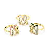Mixed Color Enamel Initial Letter Adjustable Ring with Clear Cubic Zirconia, Real 18K Gold Plated Brass Jewelry for Women, Cadmium Free & Lead Free, Letter.M, US Size 5 1/4(16mm), Letter.M: 14x13mm(RJEW-P045-01G-M)