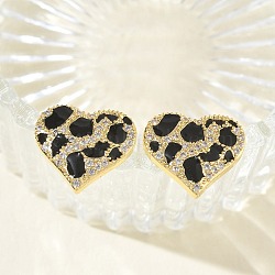 Brass Micro Pave Cubic Zirconia Stud Earrings for Women, Heart with Leopard Print, with Enamel, Rack Plating, Long-Lasting Plated, Lead Free & Cadmium Free, Real 18K Gold Plated, 14x15.5mm(EJEW-A168-09G)