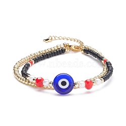 Evil Eye Multi-strand Bracelet for Girl Women, Glass Seed & Lampwork & Brass Beads Double Layered Bracelet, Golden, Black, 7-5/8 inch(19.5cm)(BJEW-JB07111-01)