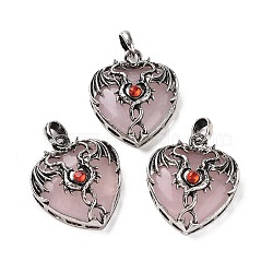 Natural Rose Quartz Pendants, Heart Charms, with Rack Plating Antique Silver Tone Hyacinth Rhinestone Dragon Wing Findings, 36.5~37.5x32~32.5x9.5~10.5mm, Hole: 8.5x5.5mm(G-A207-01AS-04)