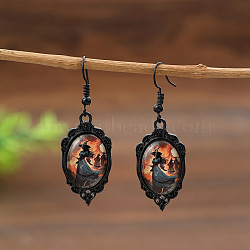 Zinc Alloy Glass Dangle Earrings, Oval, Black, Witch, 50x15mm(FS-WG599E5-01)